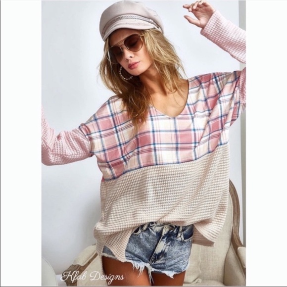 Private Label Tops - 🩷🩷SOLD🩷🩷New V Neck Blush Combo Super Soft Check Waffle Knit Color Block Top